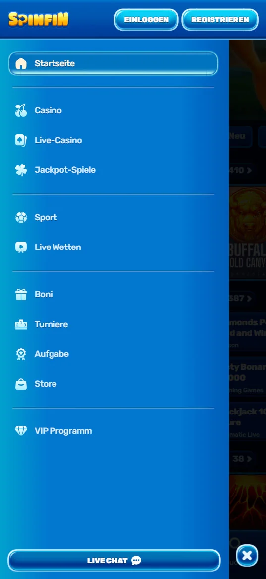 Menü-App Spinfin Casino